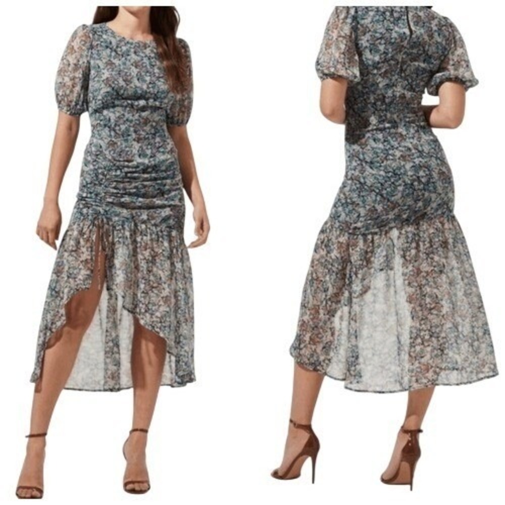 ASTR The Label Floral High Low Dress Puff Sleeve Ruched Hem Romantic L